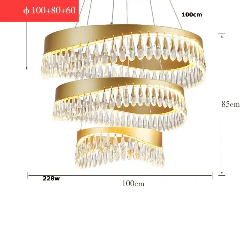 Gold crystal stainless steel spiral chandelier with three concentric rings and dangling teardrop decorbites crystal stainless