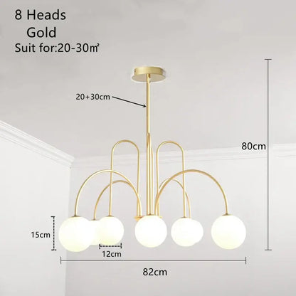 Gold curved arm glass ball pendant chandelier with eight frosted glass light heads for dining room decorbites glass ball