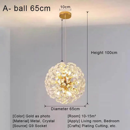 Gold-plated spherical pendant chandelier with crystal led accents and 65cm diameter decorbites crystal led ceiling fixture