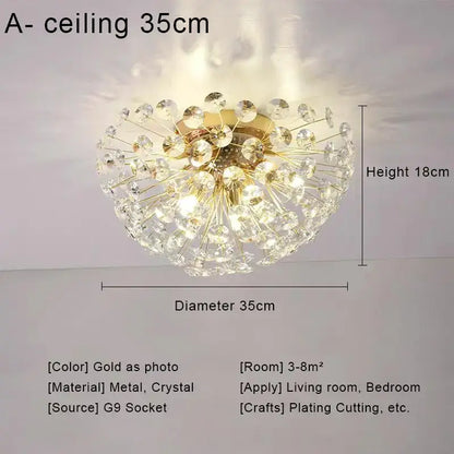 Gold dandelion crystal led pendant chandelier with gold-plated spherical design and clear crystal spheres for living room decorbites crystal led ceiling