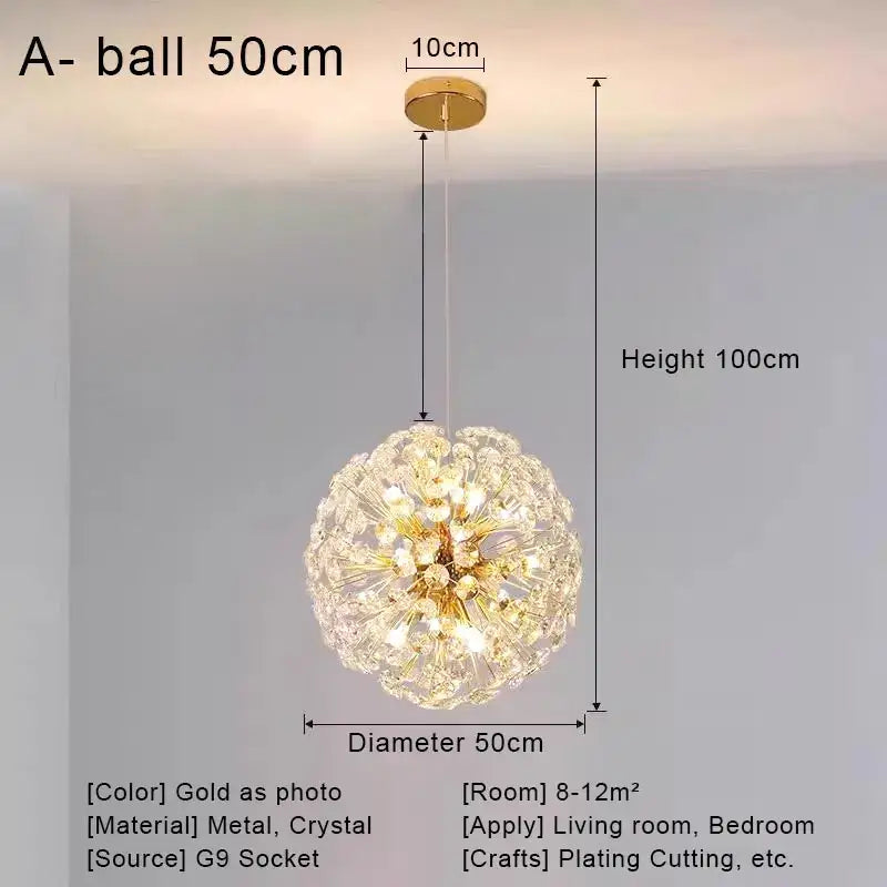 Gold dandelion crystal led pendant chandelier with gold-plated spherical design for living room decorbites crystal led ceiling