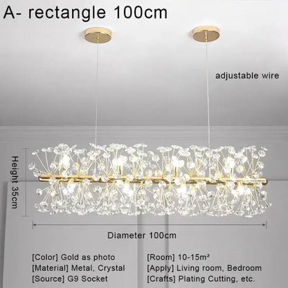 Gold-toned rectangular pendant chandelier with crystal dandelion clusters for crystal led ceiling decorbites lighting