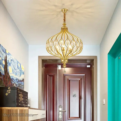 Gold decorbites art design pendant lights with gold-toned ornate wireframe and clear crystal accents kitchen chandelier