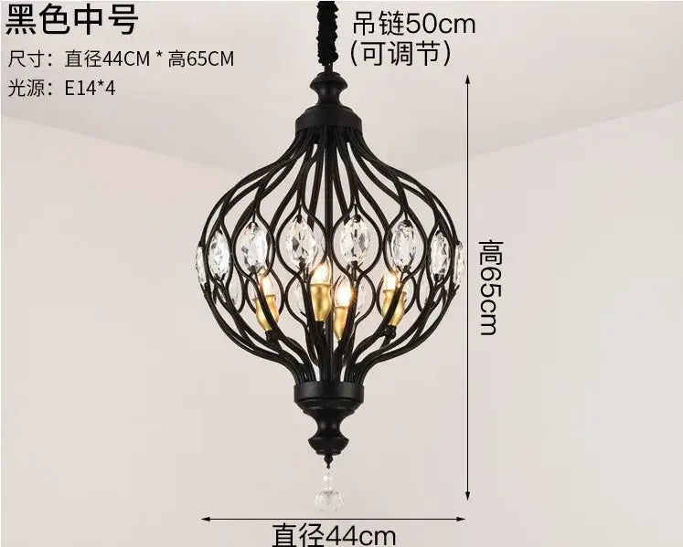 Black wrought iron decorbites art design pendant lights with crystal accents and 50cm adjustable chain chandelier