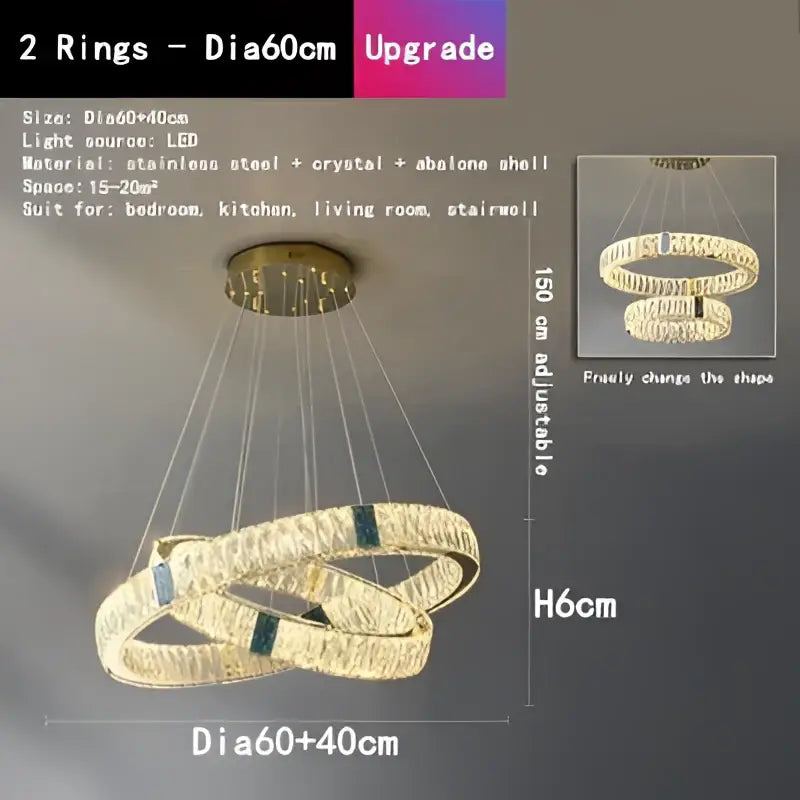 Gold-toned decorbites crystal round ceiling chandelier with modern double rings and adjustable led lighting for dining room