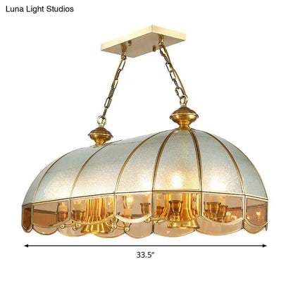 Gold-toned brass pendant light with domed frosted and clear glass shade for dining room 110v-120v e26 e27 e12 e14 bulbs