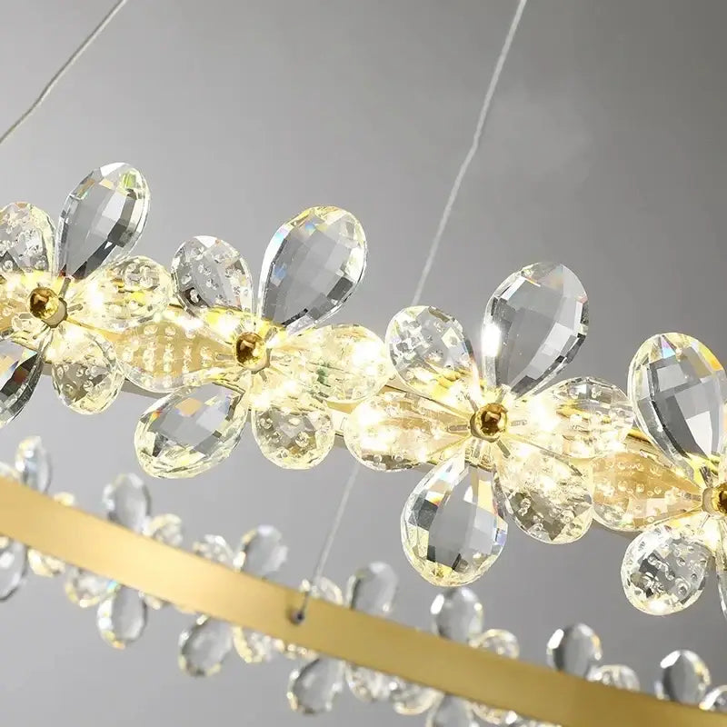 Gold double ring decorbites crystal led chandelier with clear faceted crystal flowers and warm led lights for living room light