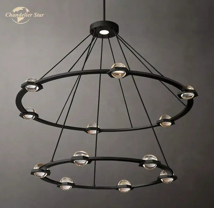 Black metal round crystal chandelier with two concentric rings and clear spherical glass bulbs for dining room