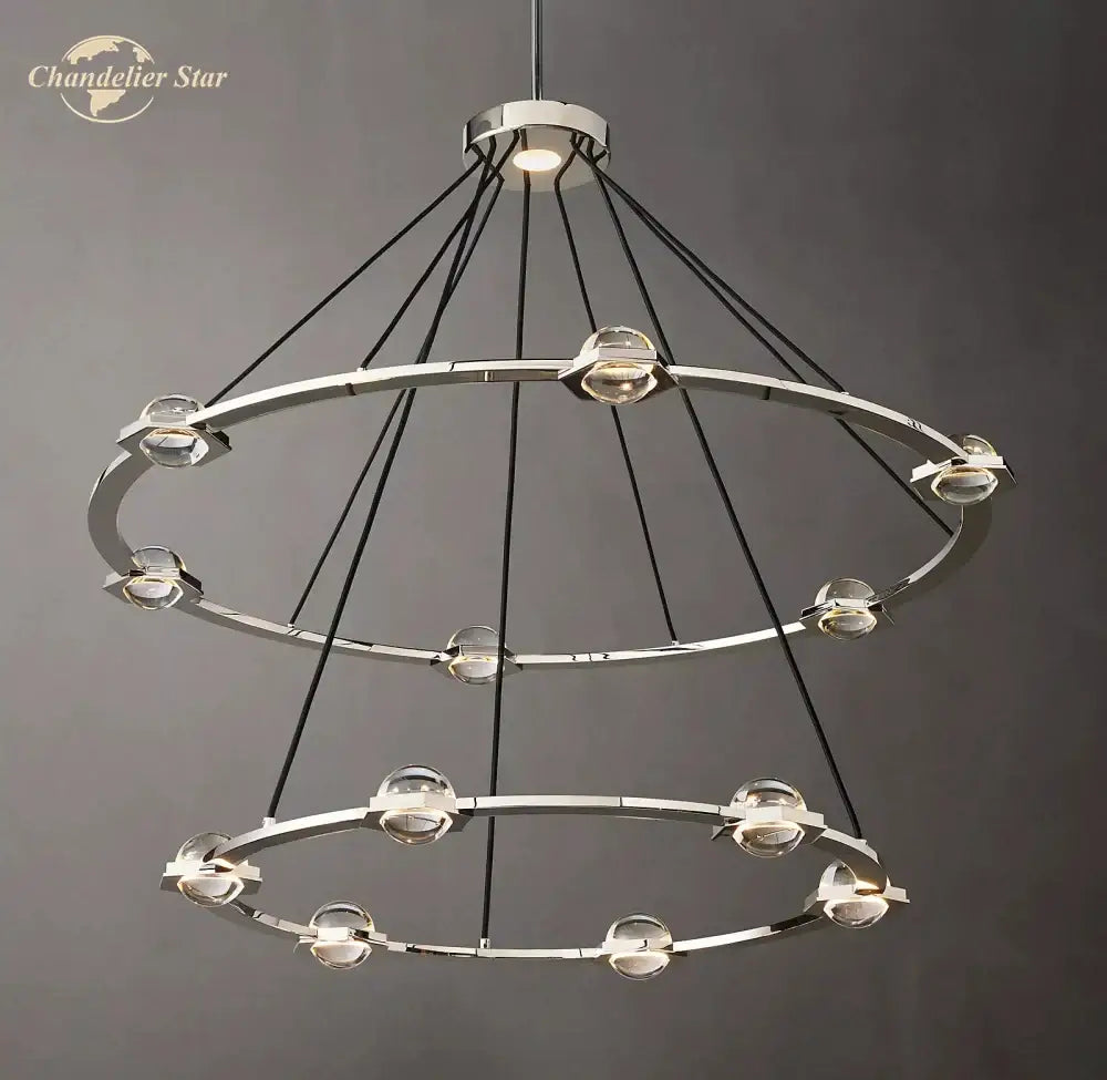 Modern two-tiered round crystal chandelier with polished chrome rings clear crystal spheres and black cords for dining room