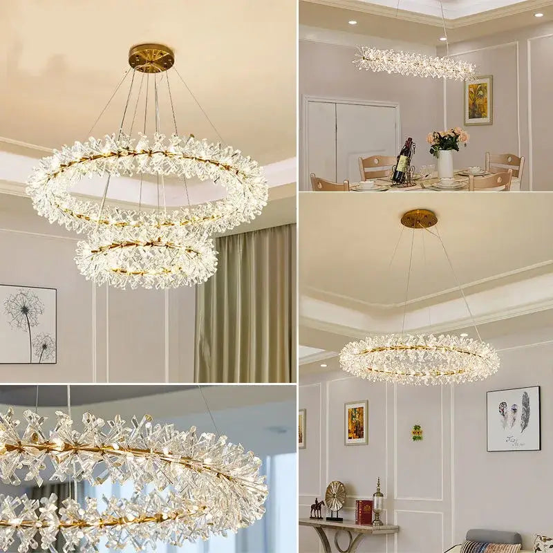 Gold double tiered crystal flower chandelier with clear decorbites crystal and gold-toned metal for dining room light