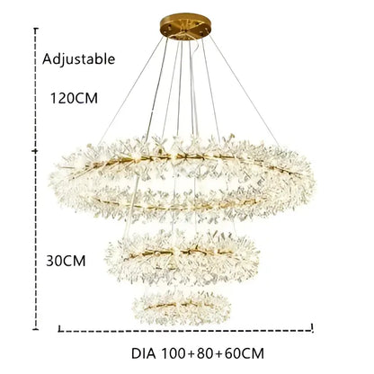 Gold double tiered crystal flower chandelier with three rings of clear crystals by decorbites for dining room decor