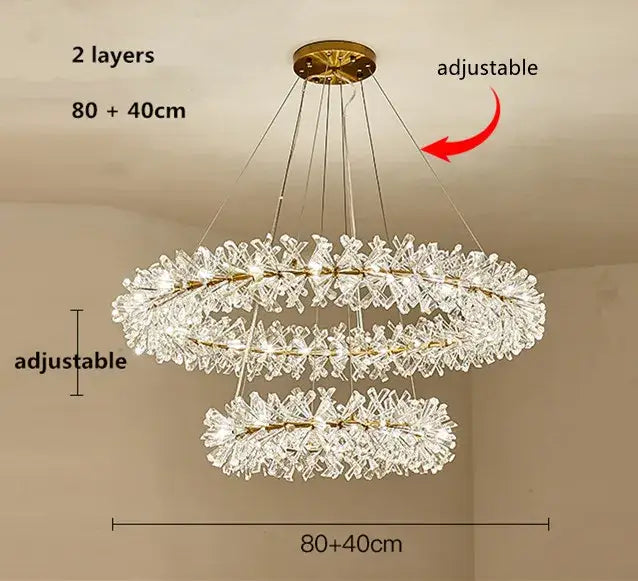 Gold double tiered crystal flower chandelier with gold metal frame and adjustable chains for dining room decorbites crystal flower