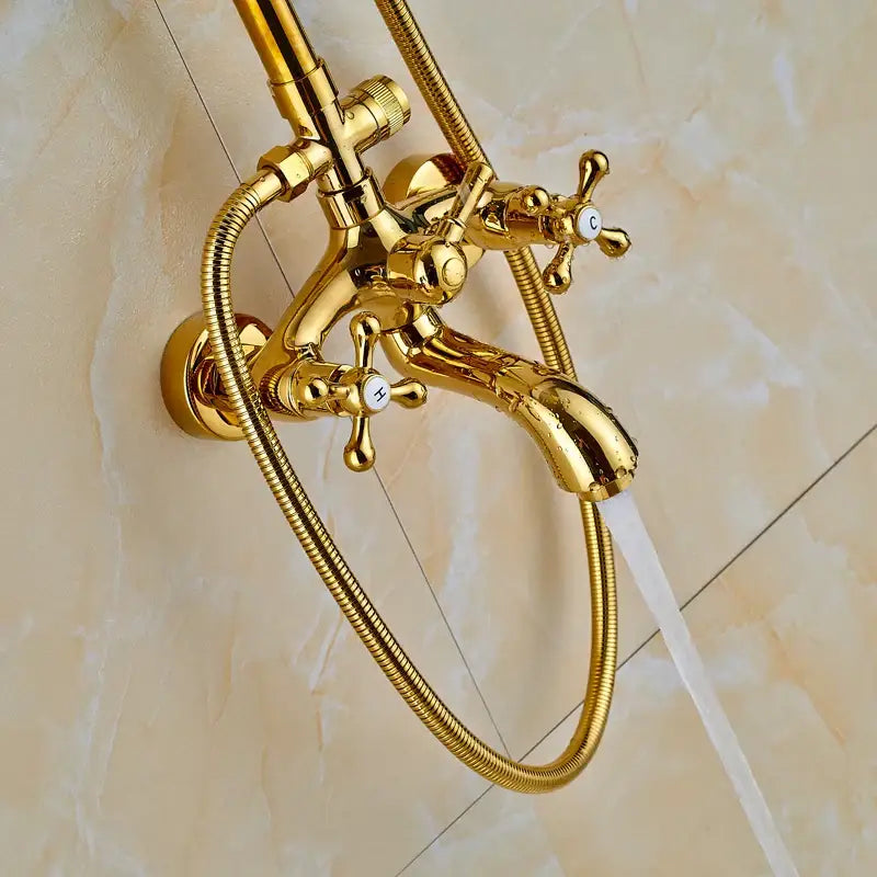 Gold dual handle rainfall shower system with ceramic cross handles and flexible shower hose for bathroom decorbites dual handle use