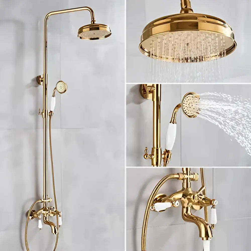 Gold dual handle rainfall shower system with ceramic handles features a gold finish rainfall shower and handheld sprayer