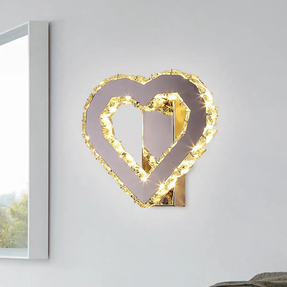 Gold faceted crystal heart led wall sconce with stainless steel frame and warm lights for bedroom decor