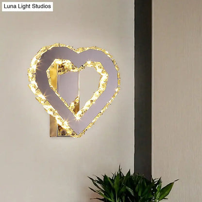 Gold faceted crystal heart design led wall sconce with stainless steel and mirrored center for bedroom lighting