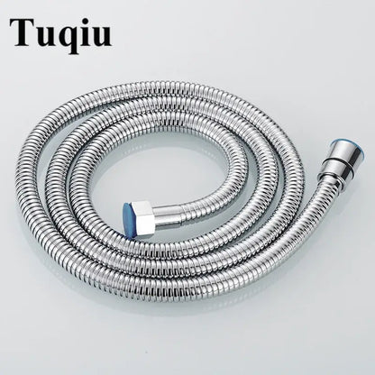 Tuqiu brand gold flexible stainless steel shower hose with chrome finish, ribbed metal construction, and blue-tipped connectors