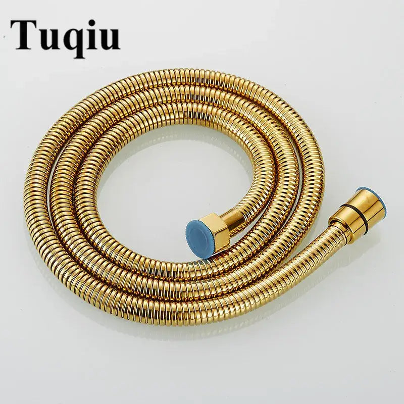 Gold flexible stainless steel shower hose with brass fittings and blue rubber nozzle cap for bathroom use