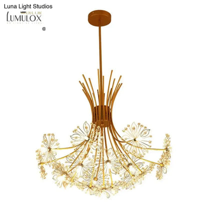 Gold-toned decorbites™ glory led flowers chandelier with delicate crystal accents and modern upward-sweeping design for hotel lobby