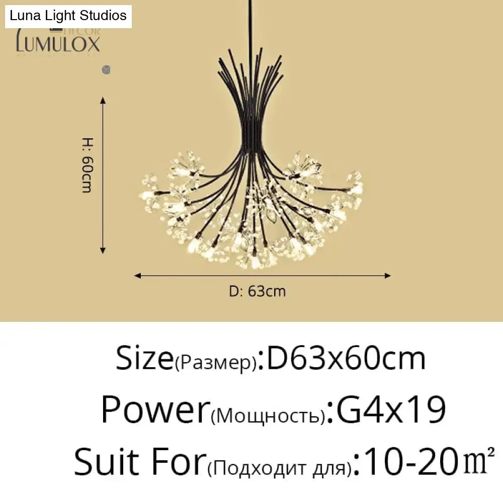 Black metal led flowers chandelier with delicate crystal-encrusted arms radiating like a blooming flower for hotel lobby