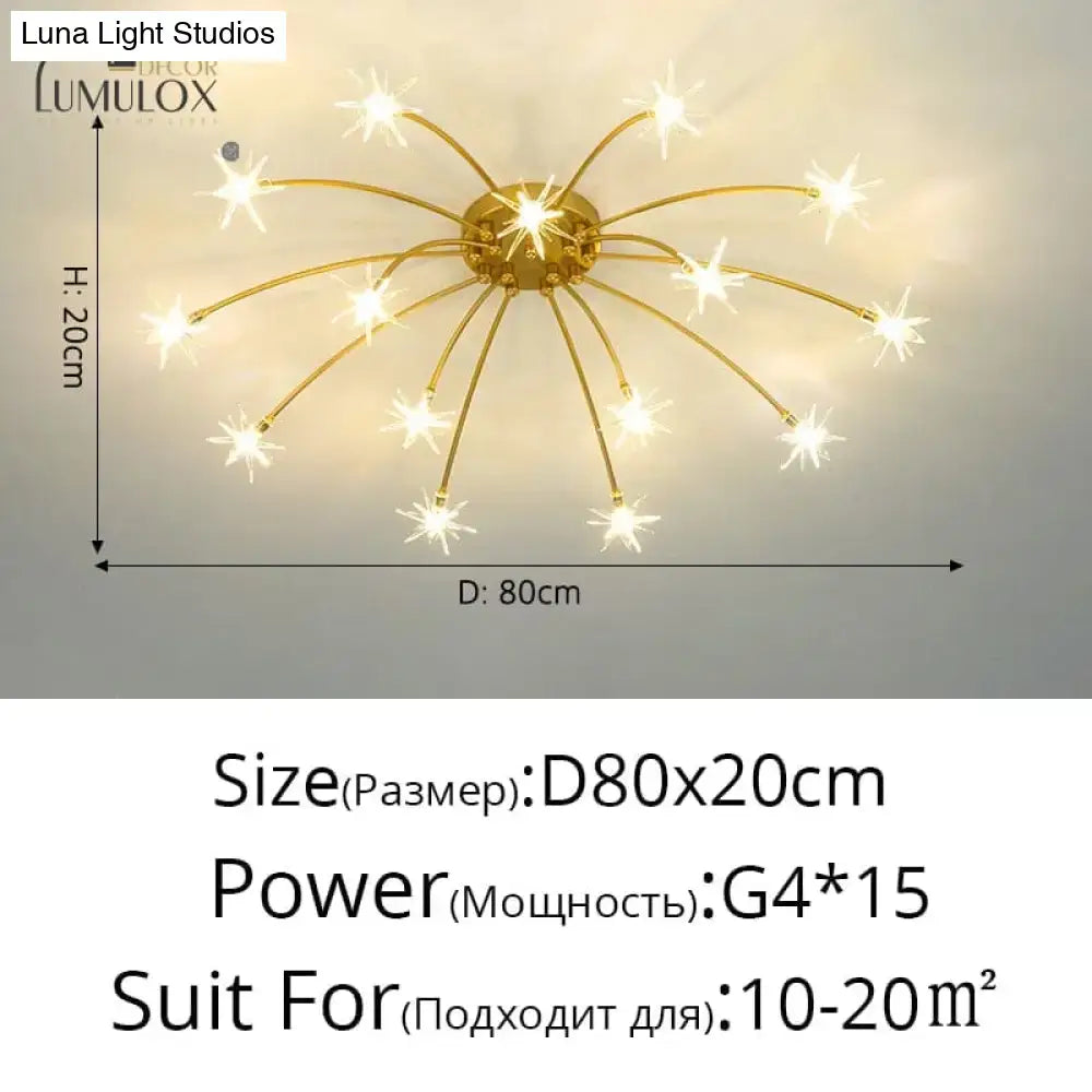 Gold-colored starburst decorbites glory led flowers chandeliers with 15 g4 bulbs ideal for hotel lobby lighting