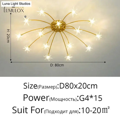 Gold-colored starburst decorbites glory led flowers chandeliers with 15 g4 bulbs ideal for hotel lobby lighting