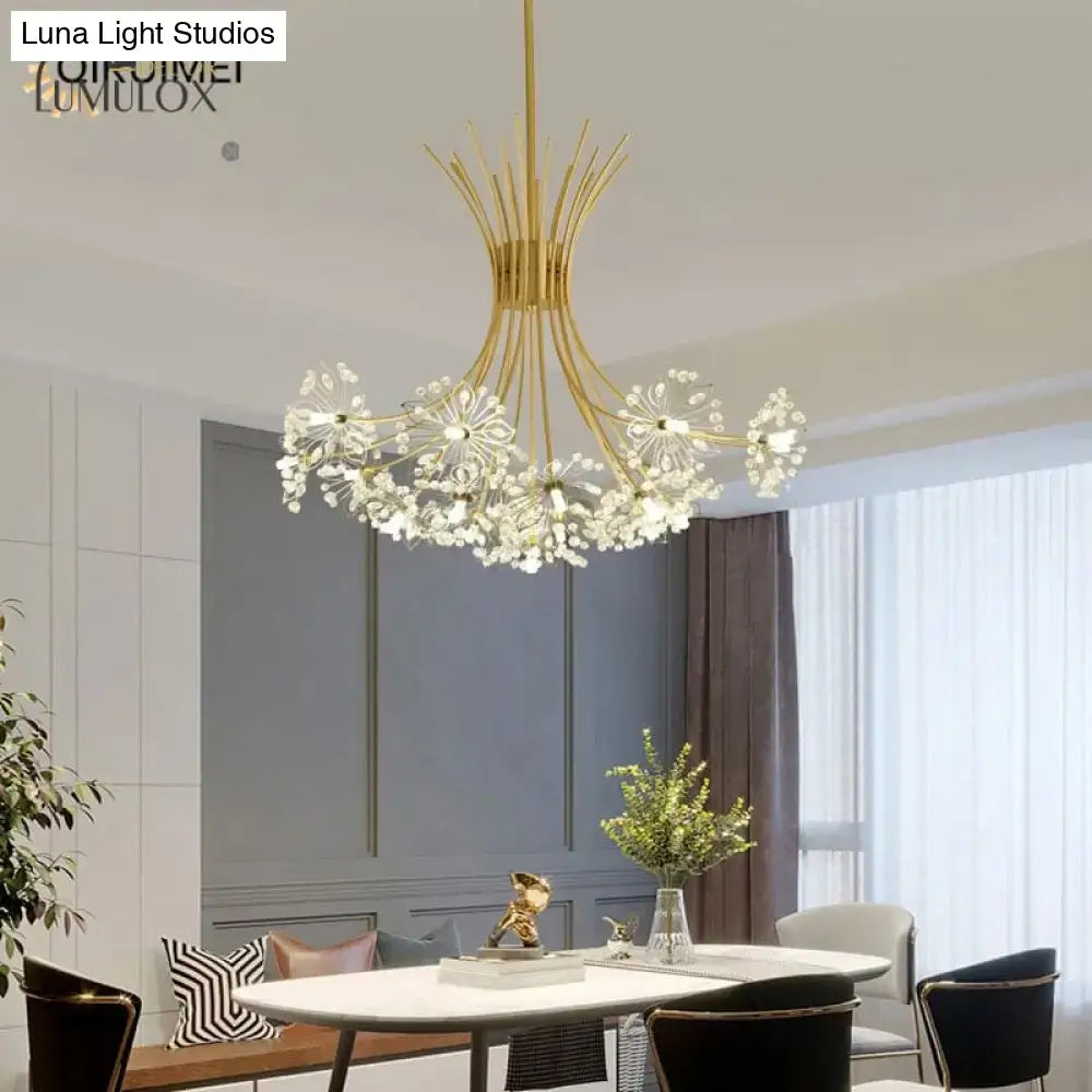 Gold-toned DecorBites™ Glory LED flowers chandelier with delicate crystal clusters for elegant hotel lobby lighting