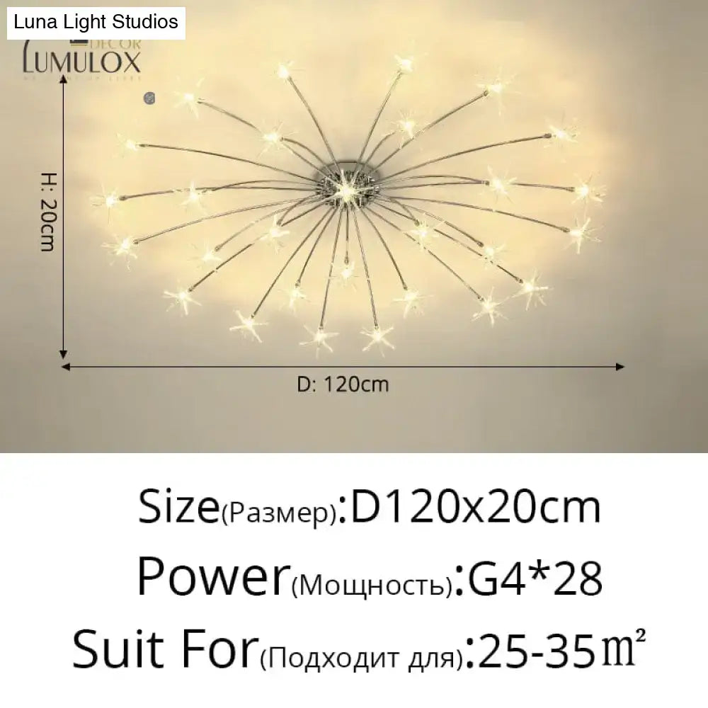 Chrome-finished DecorBites Glory led flowers chandelier with 28 star-shaped LED bulbs for elegant hotel lobby lighting