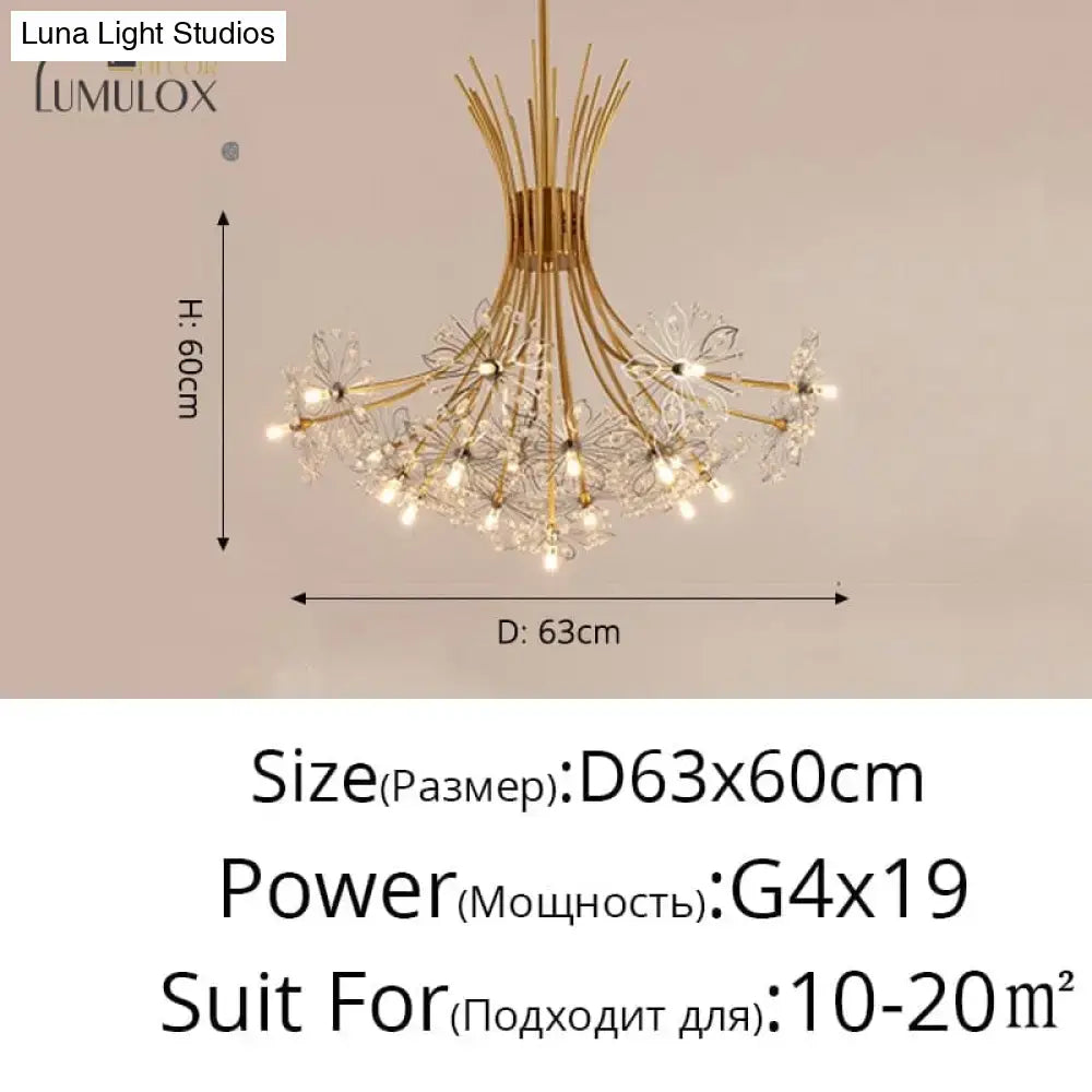 Gold-toned DecorBites Glory led flowers chandelier with delicate crystal clusters and slender metallic arms for hotel lobbies