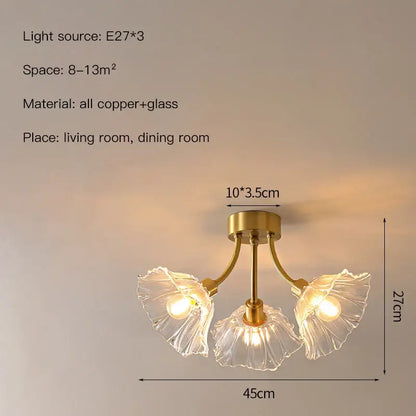 Gold flower chandelier ceiling light featuring gold-toned copper and translucent glass flower chandelier petals