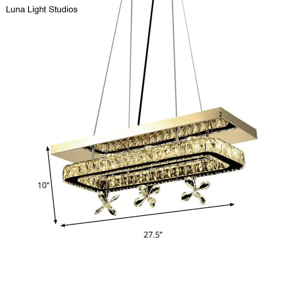 Gold-toned decorbites™ rectangle ring led island light with faceted crystal tiers and flower deco for restaurants
