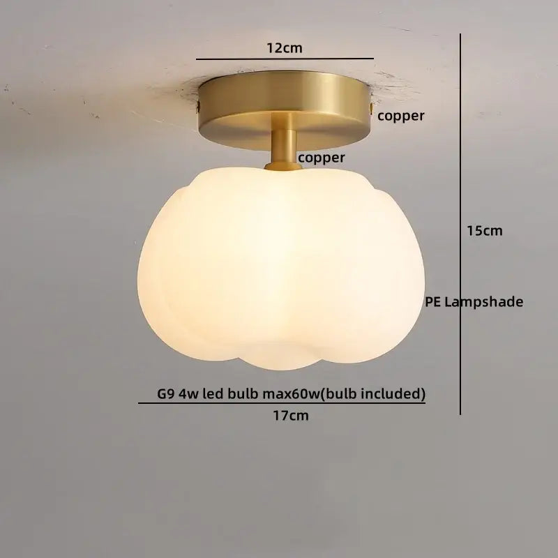 Gold flower frosted glass ceiling lamp with a soft off-white decorbites cotton shape led lampshade and copper base