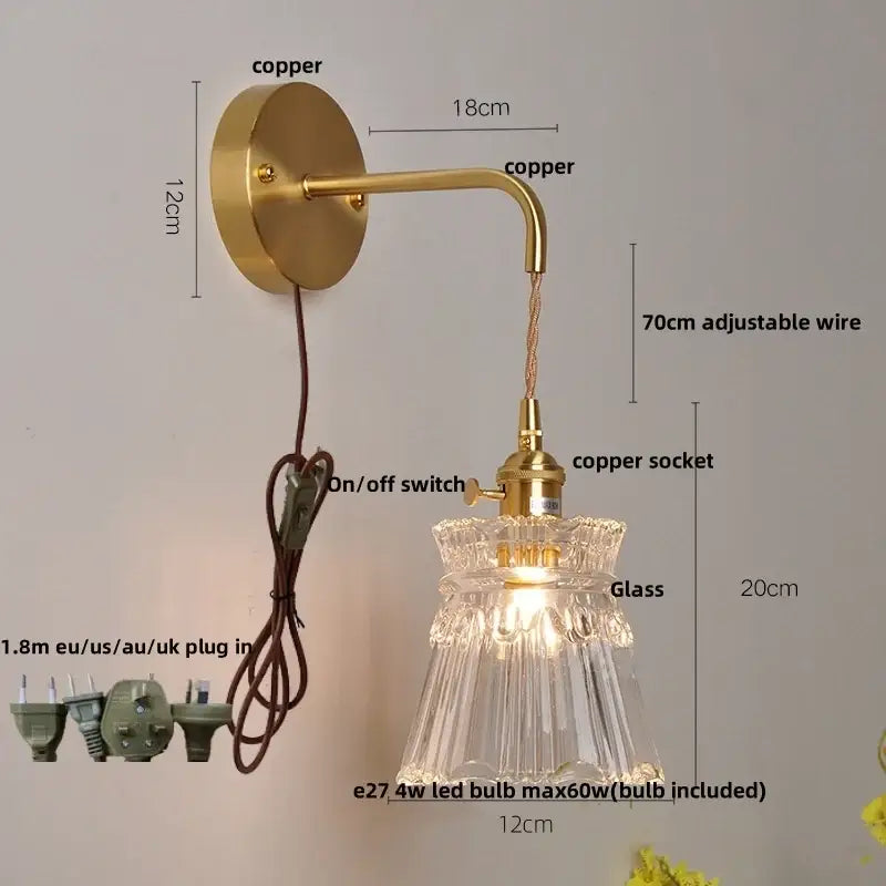 Gold fluted clear glass led wall light with faceted lampshade and brass copper-finished mount for bedroom decorbites clear glass