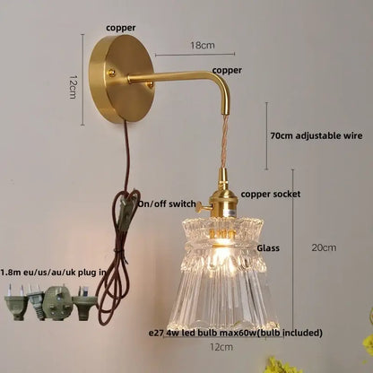 Gold fluted clear glass led wall light with faceted lampshade and brass copper-finished mount for bedroom decorbites clear glass
