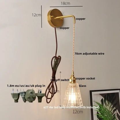 Copper wall lights with clear glass led shade and adjustable wire complement decorbites clear glass bedroom sconce with crystals
