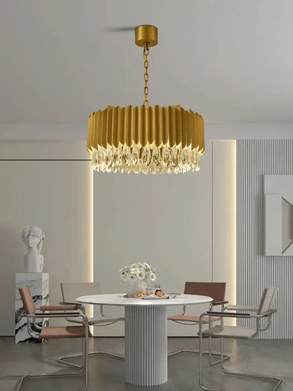 Gold fluted crystal water droplet pendant lights with modern design and dangling crystal droplets for dining room decorbites