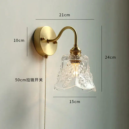 Antique brass wall sconce with gold fluted glass shade and 50cm pull-chain switch for bedroom wall lamp decorbites copper wall