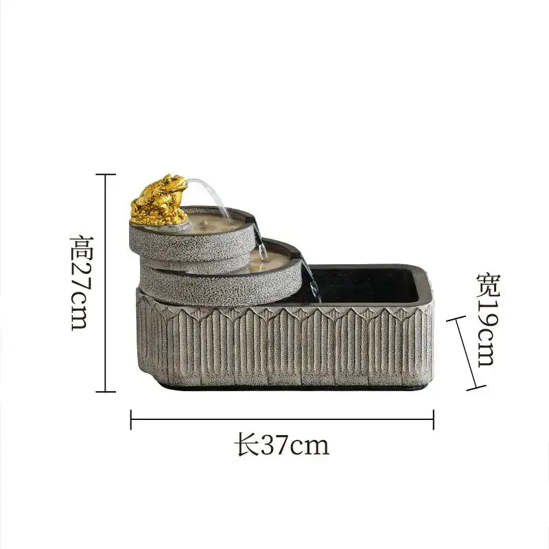Gray stone textured tiered fountain with golden frog flowing water spout for fish pond tank garden ornament