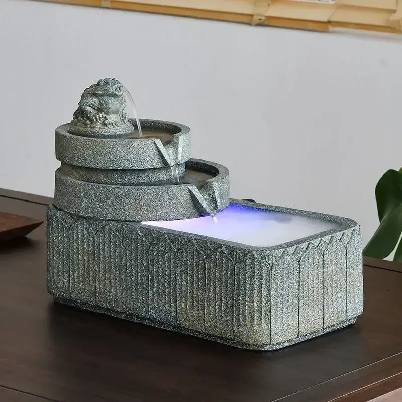 Gray stone-like gold frog flowing water fountain with purple led lights for fish pond tank garden ornament