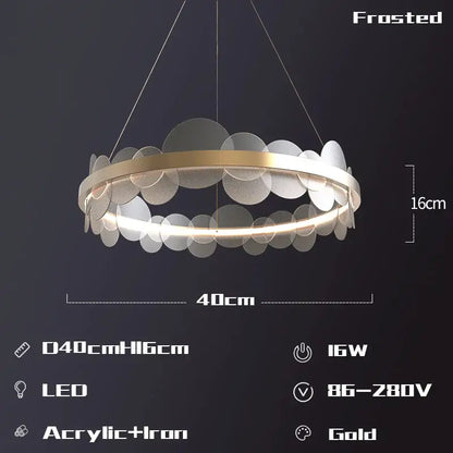 Gold frost texture led ring chandelier with gold-accented frosted acrylic leaf-like discs for living room decorbites frost texture