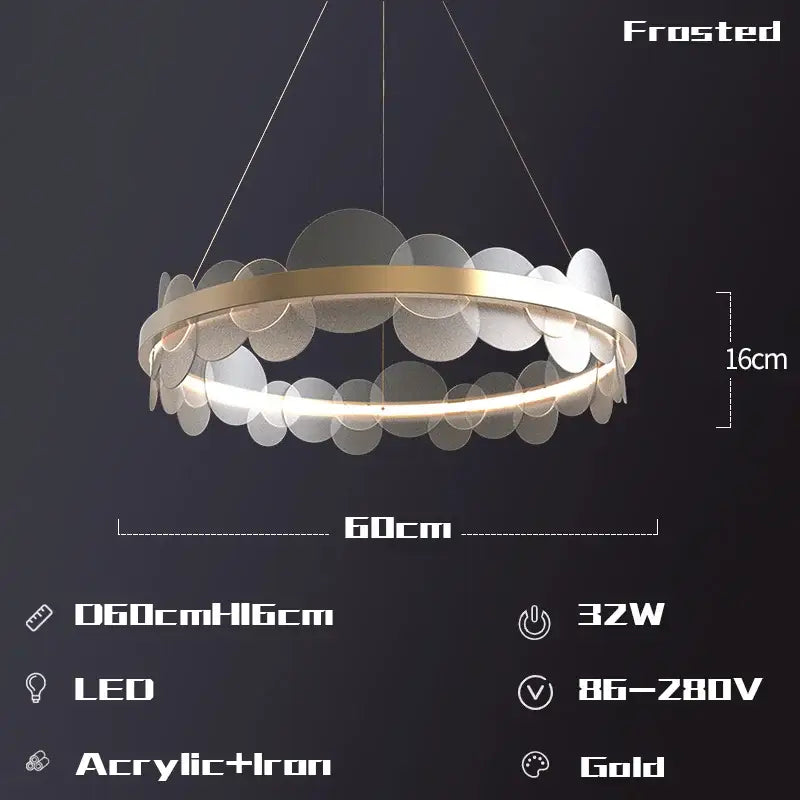Gold frost texture led ring chandelier with gold-accented frosted acrylic leaf discs for elegant living room decorbites frost texture