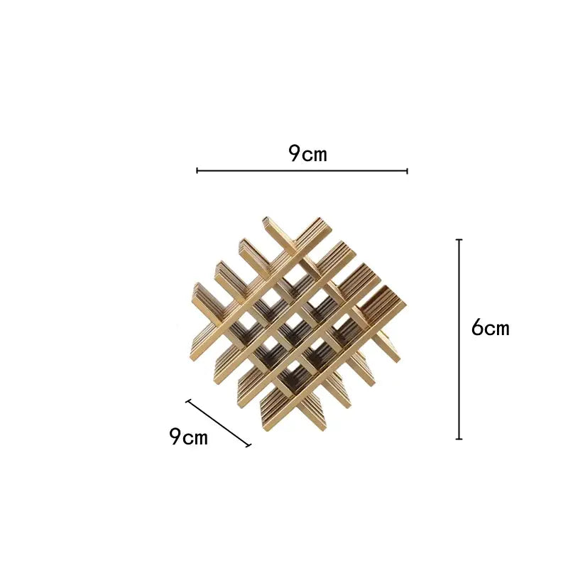Gold-colored wooden lattice wine rack with a geometric block design for decorbites geometric block metal living room decor