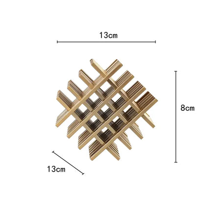 Gold-colored geometric block metal wine rack with interwoven wooden lattice for modern decorbites geometric block decor