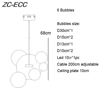 Zc-ecc model gold glass bubble led chandelier with six spherical bubble shades and adjustable cable for dining room lighting