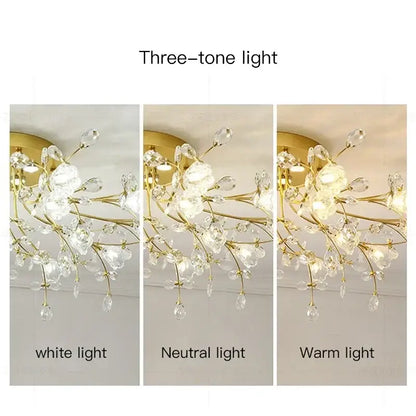 Gold glass flower chandelier ceiling lamp with clear crystal blossoms and three lighting tones for living room
