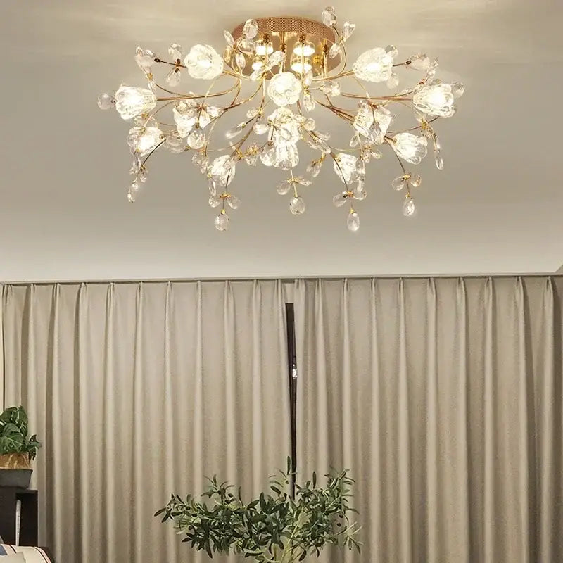 Gold glass flower chandelier ceiling lamp with crystal flower and teardrop accents for living room lighting