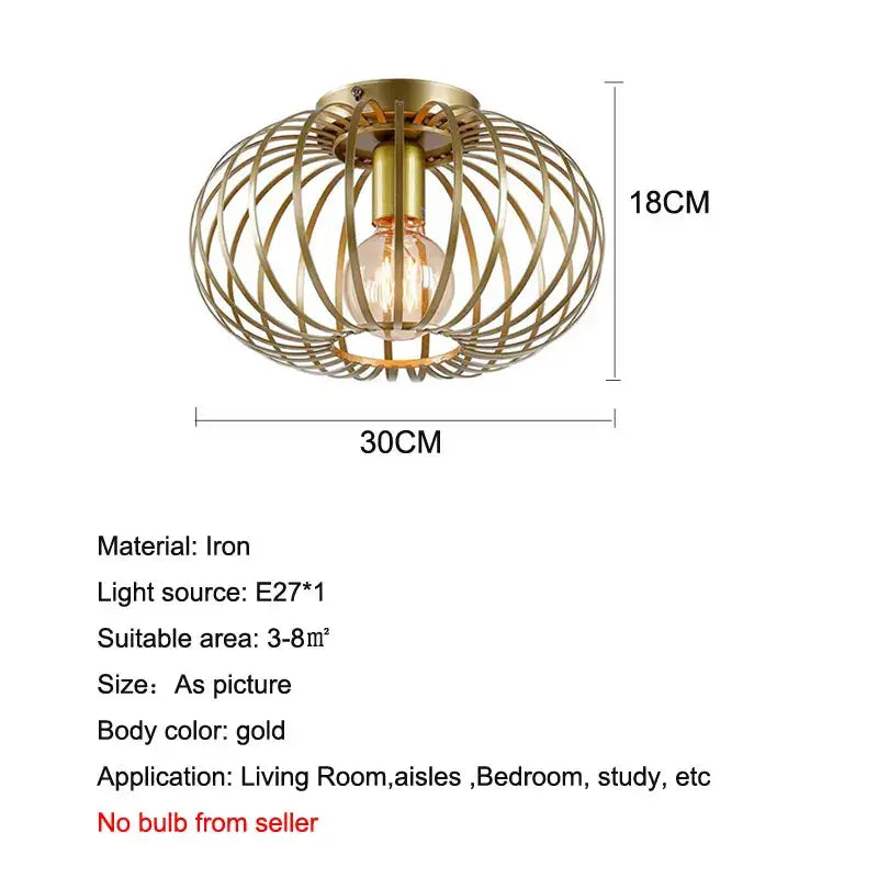 Gold iron art ceiling light with woven wireframe design and exposed bulb for living room decorbites iron art ceiling