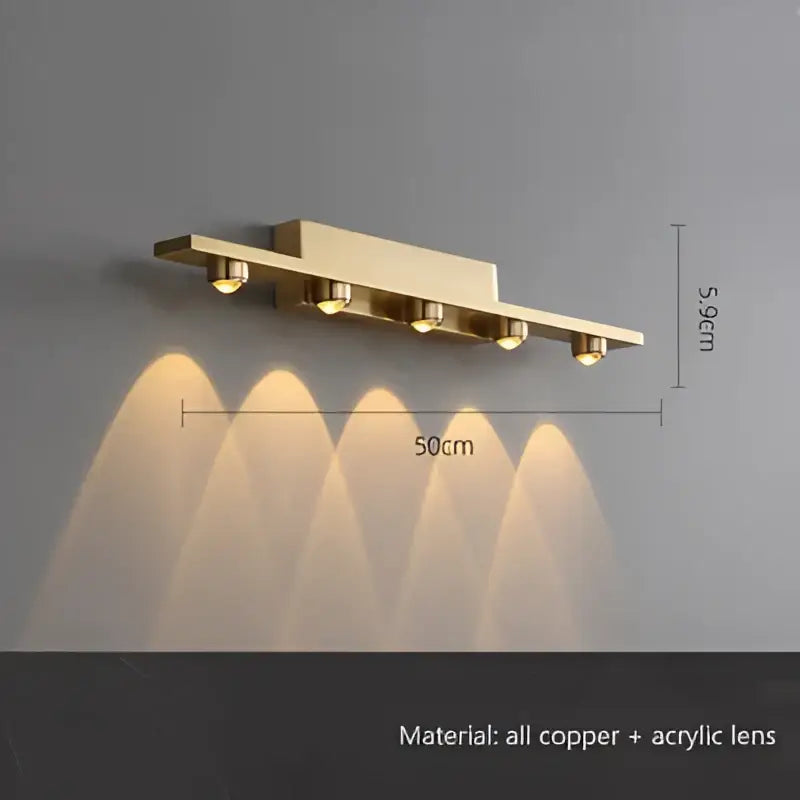 Gold-finished copper wall sconce with five warm led lights and acrylic lenses for decorbites iron art mirror bathroom light