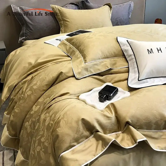 Gold-toned satin bedding set with subtle leaf embroidery and white piping from decorbites jacquard satin egyptian cotton patchwork