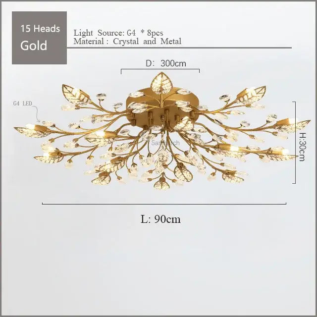 Gold leaf crystal ceiling chandelier led with 15 g4 led light heads for living room decorbites crystal ceiling